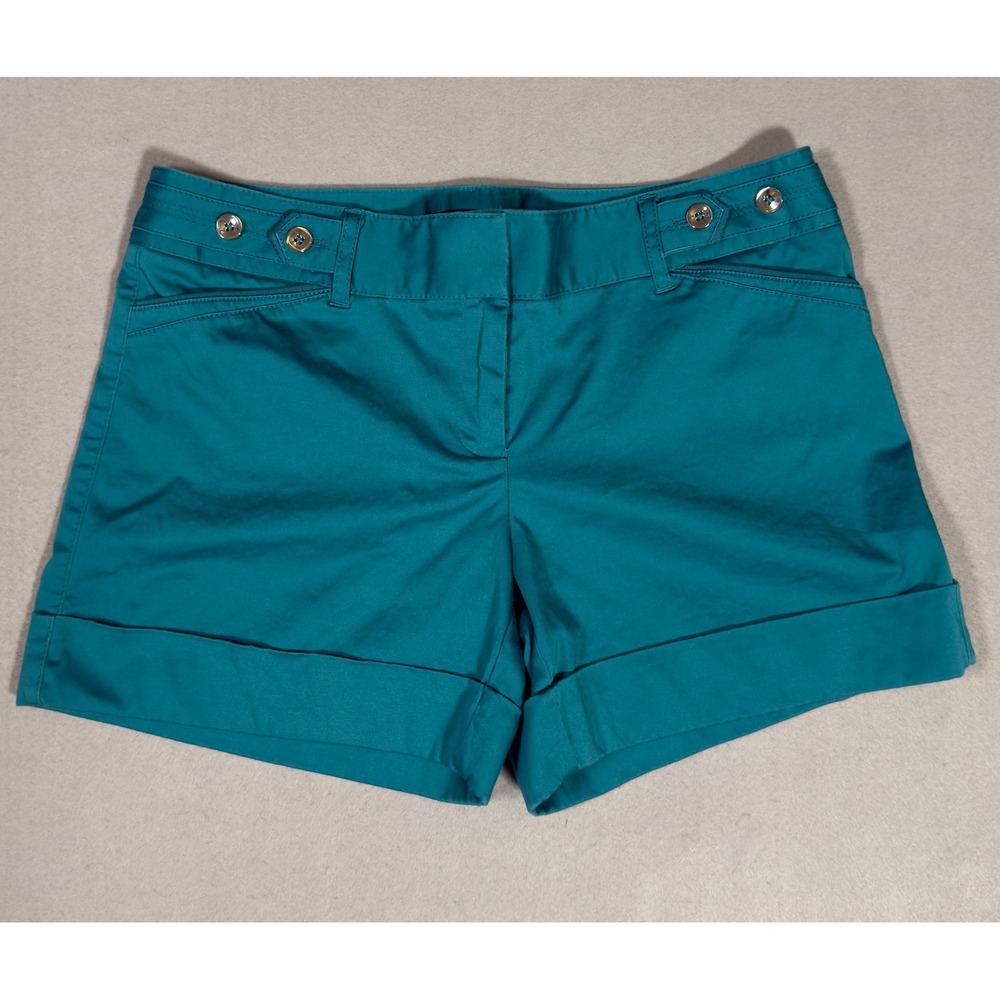 White House Black Market Women's Teal Blue Cuffed Chino Shorts Size 6 Button Tab